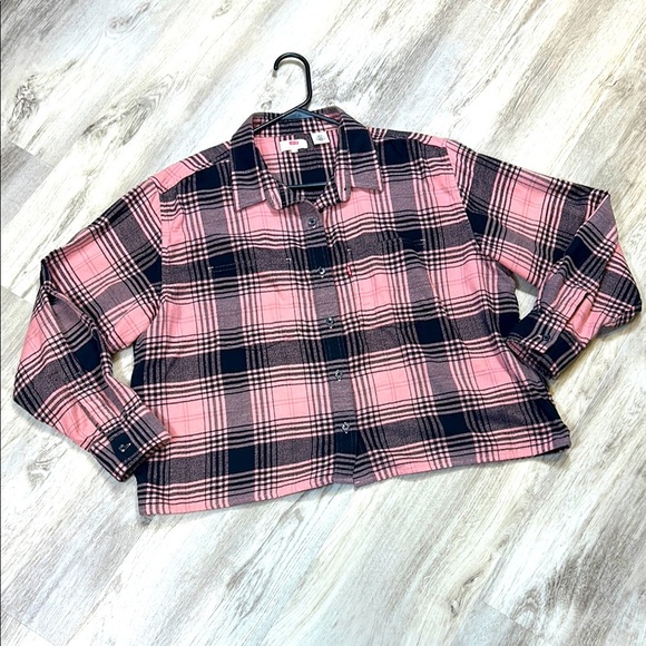 Levi’s Boxy Relaxed Fit Pink & Black Cotton Plaid Flannel Button-Up LS Shirt / M - Picture 1 of 6